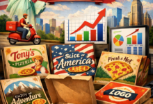 Custom printed pizza boxes trend in 2026 USA featuring branded pizza packaging, American theme design, growth charts, and delivery service concept.