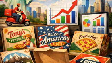 Custom printed pizza boxes trend in 2026 USA featuring branded pizza packaging, American theme design, growth charts, and delivery service concept.
