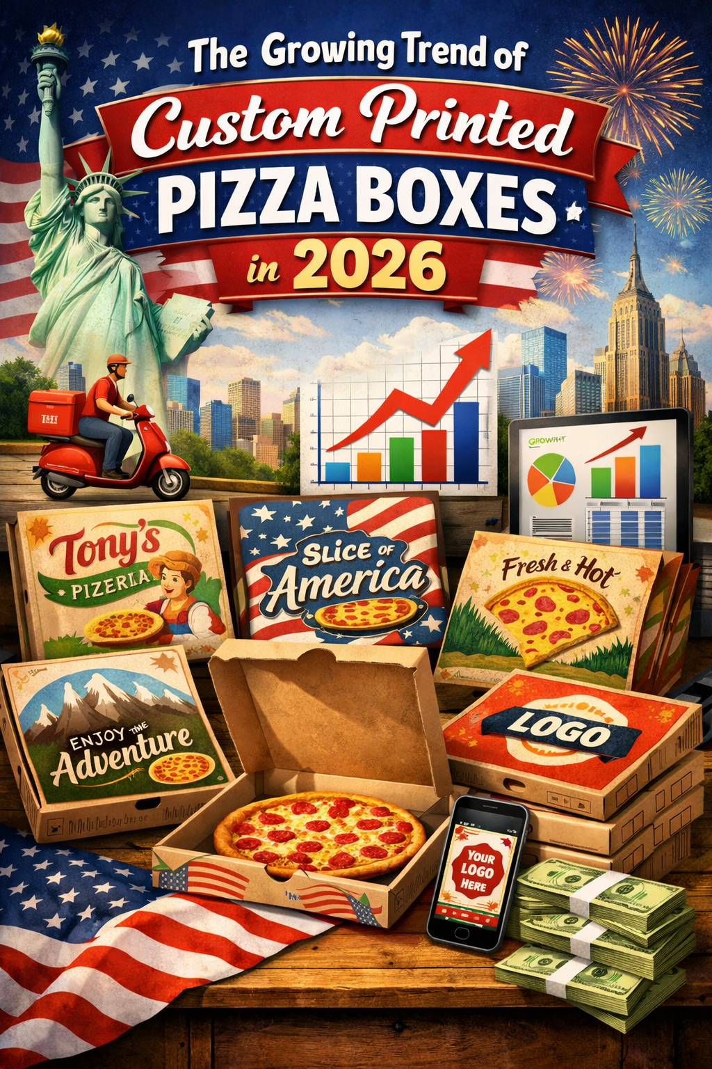 Custom printed pizza boxes trend in 2026 USA featuring branded pizza packaging, American theme design, growth charts, and delivery service concept.