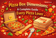 Pizza box dimensions guide showing different pizza box sizes with pizza, rulers, and measurement tools for pizza lovers.
