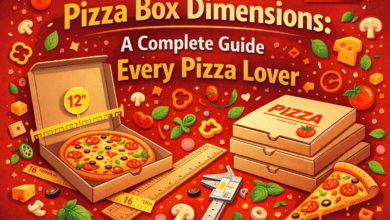 Pizza box dimensions guide showing different pizza box sizes with pizza, rulers, and measurement tools for pizza lovers.