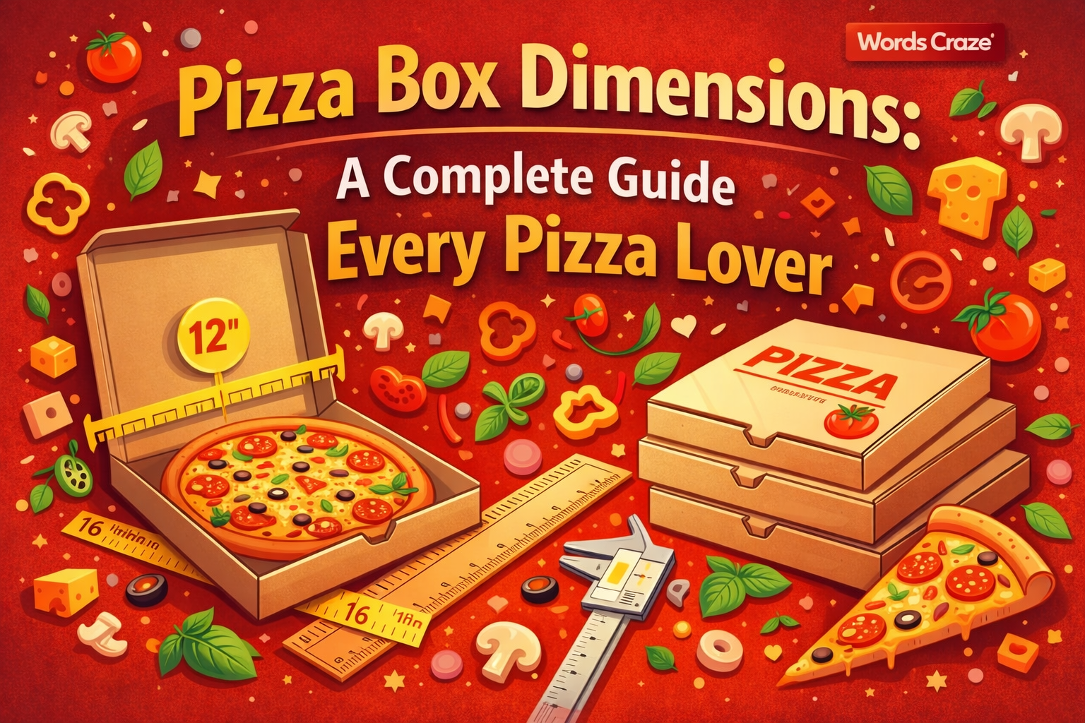 Pizza box dimensions guide showing different pizza box sizes with pizza, rulers, and measurement tools for pizza lovers.
